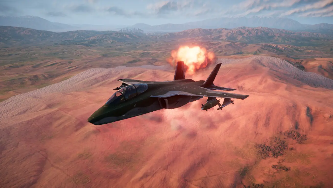 A TA-30 looking at a large explosion with a shockwave from a nuclear bomb it had dropped